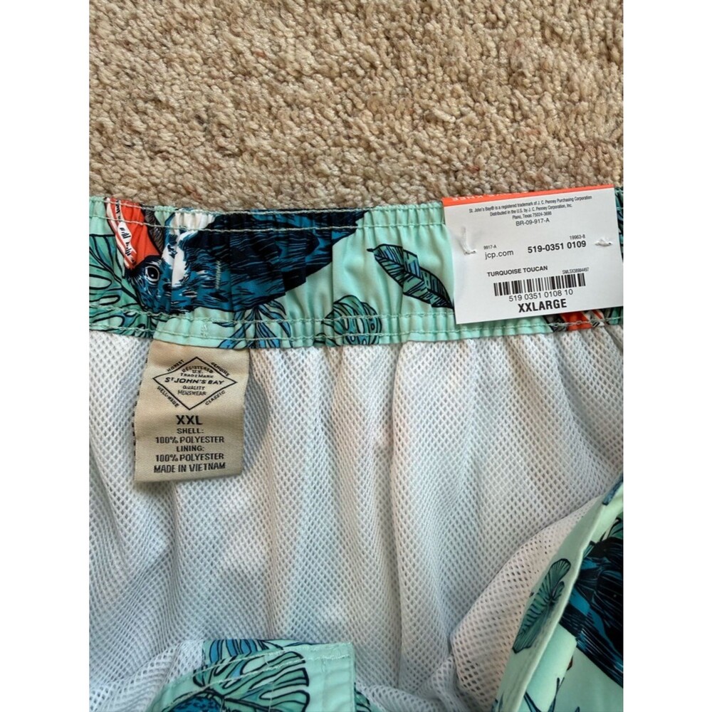 St Johns Bay Mens XXL Swim Trunks NWT Turquoise Toucan Tropical 9 Inseam 2XL - Picture 2 of 4